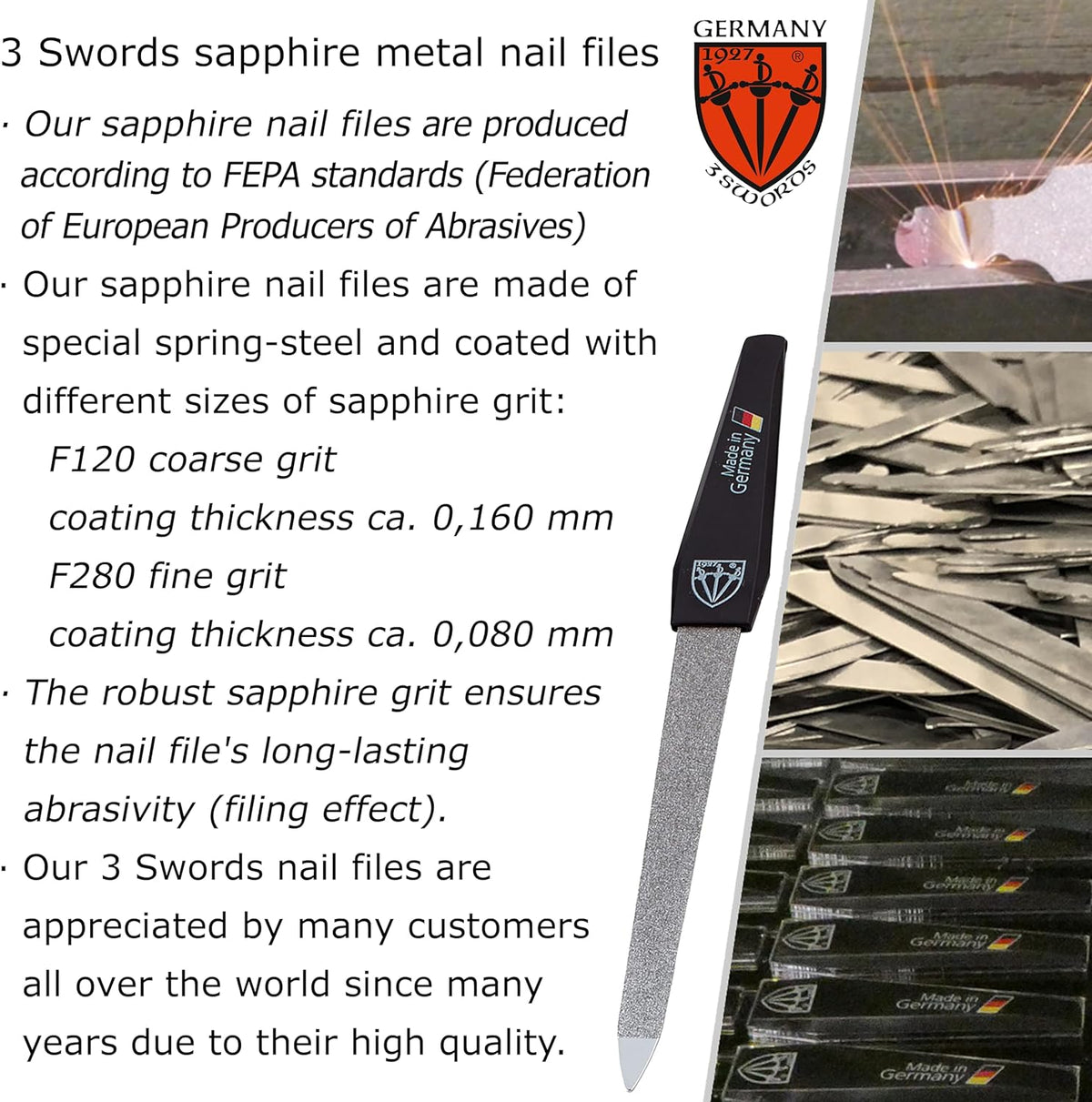 3 Swords Germany - Sapphire Metal Nail File Set 2 Pieces with 1 PIECE 3-Way Nail Buffer β Nail Care Made in Solingen/Germany