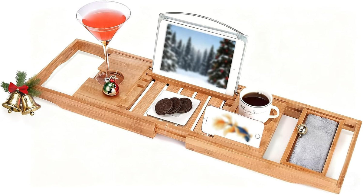 Bamboo Bathtub Caddy Tray for Tub, Adjustable Bath Table
