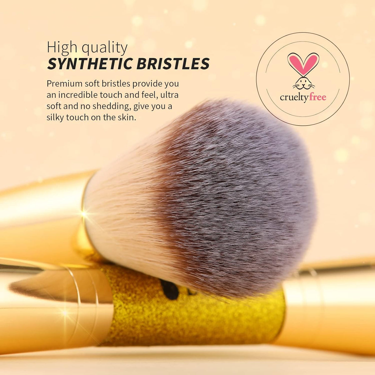 Dual End Powder Kabuki Makeup Brush Gold Glitter Vegan Synthetic for Liquid Cream Setting Powder