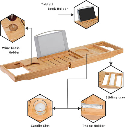 Bamboo Bathtub Caddy Tray for Tub, Adjustable Bath Table