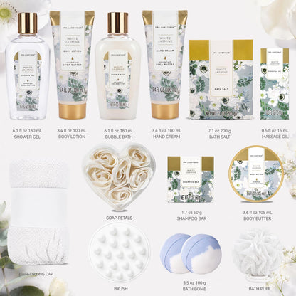 White Jasmine 15Pc Spa Gift Baskets Gifts for Women Spa Gifts